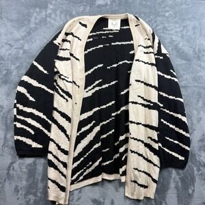 Fantastic Fawn Zebra Wool Cardigan Open Front Duster Sweater Black Turquoise M